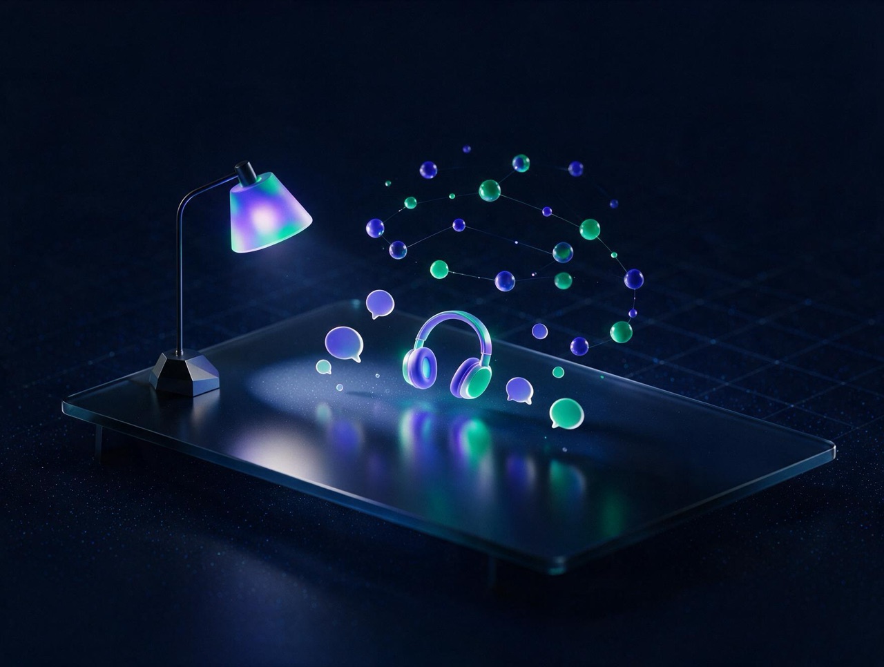 Abstract 3D illustration: a desk with a lamp, a glowing headset and chat bubbles rising into a constellation of channel nodes