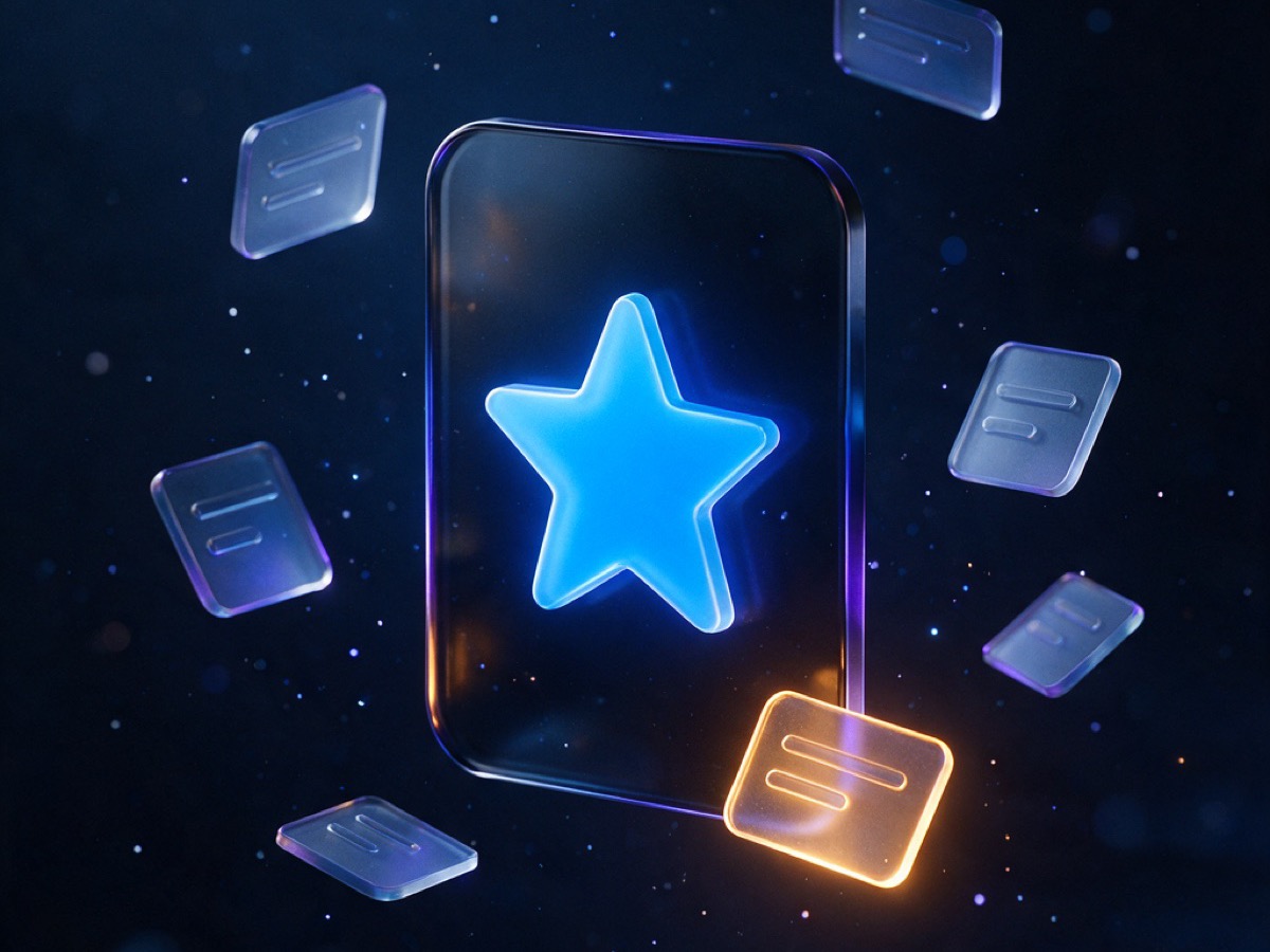 Abstract 3D illustration: a dark glass slab with a glowing five-pointed star and floating translucent review cards in cool blue light