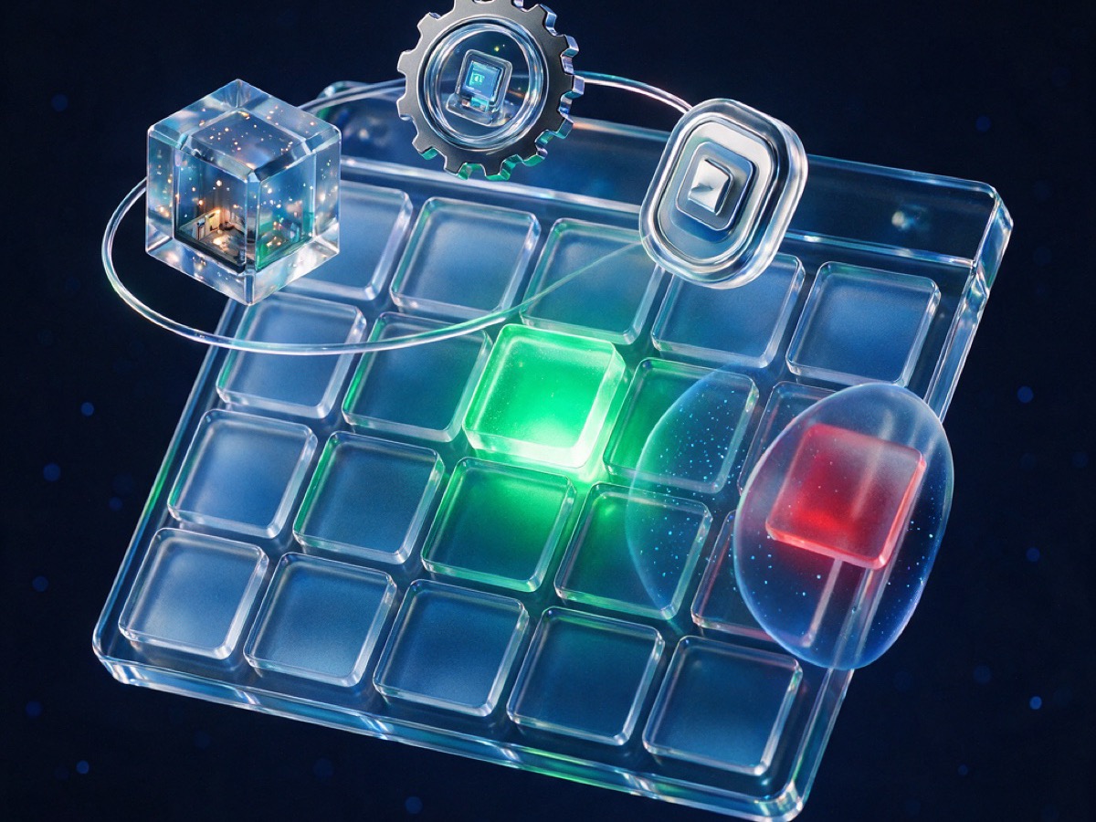 Abstract 3D illustration: a calendar grid with one emerald slot, three resource orbs locked by a light ring, and an overlapping slot pushed away by a force field