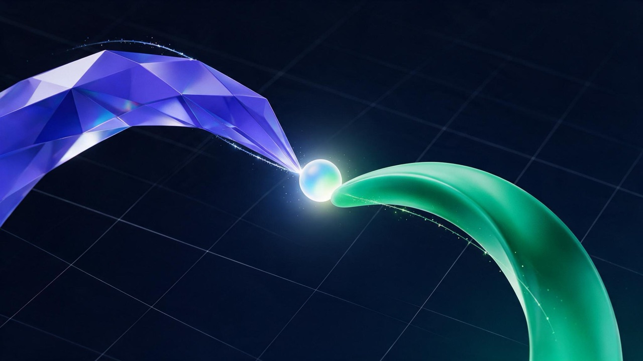 Abstract 3D illustration: an indigo arc and a green arc passing a glowing orb