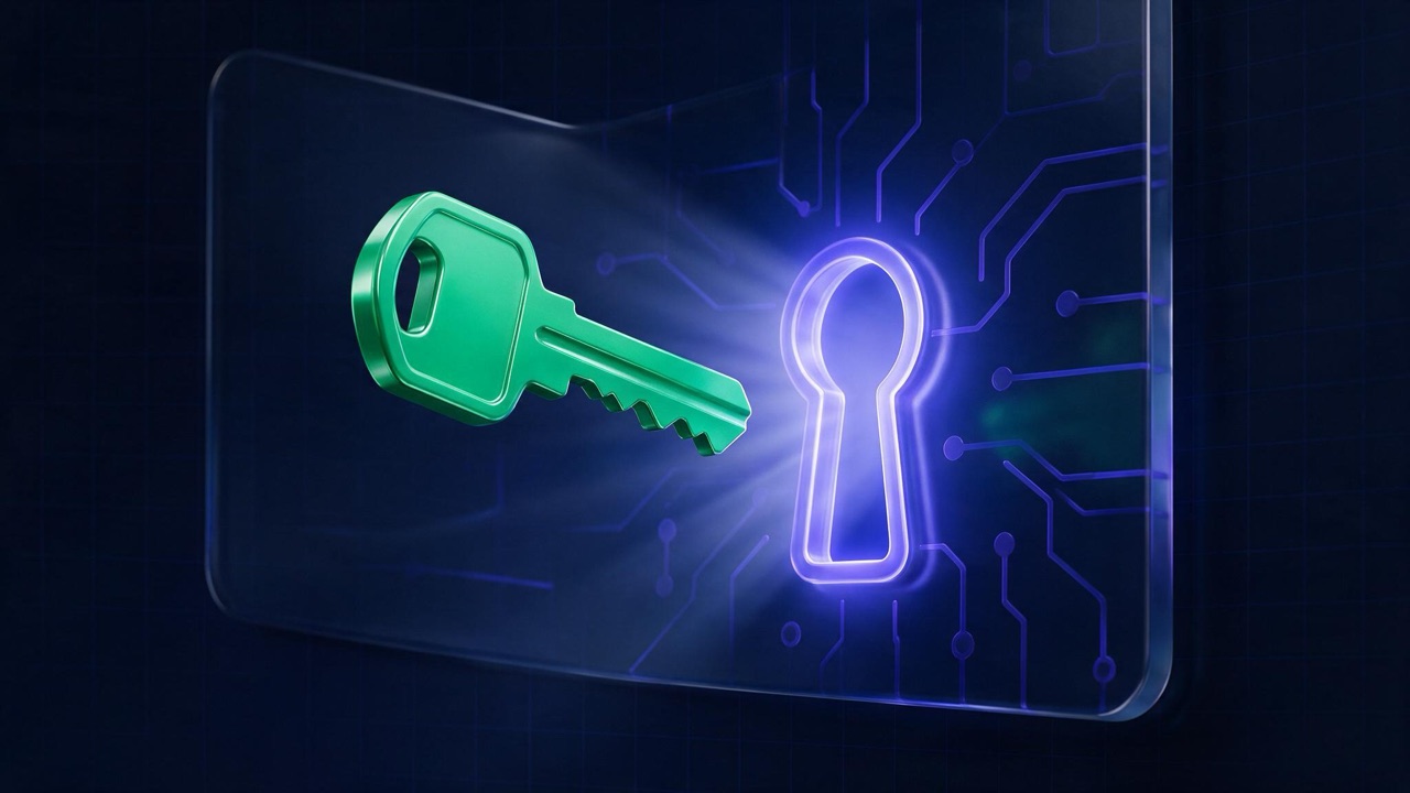 Abstract 3D illustration: an emerald key approaching a glowing circuit keyhole
