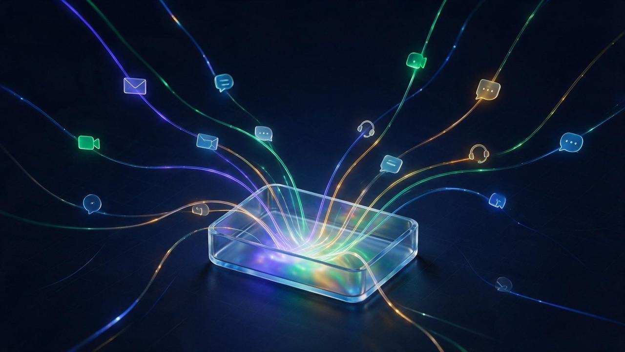 Abstract 3D illustration: light streams converging into a glowing inbox tray
