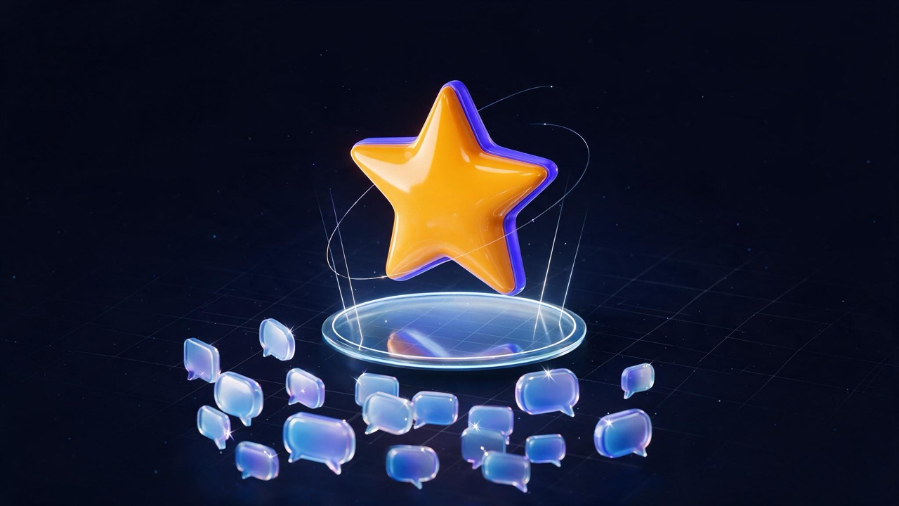 Abstract 3D illustration: an amber star above a stage of small speech bubbles