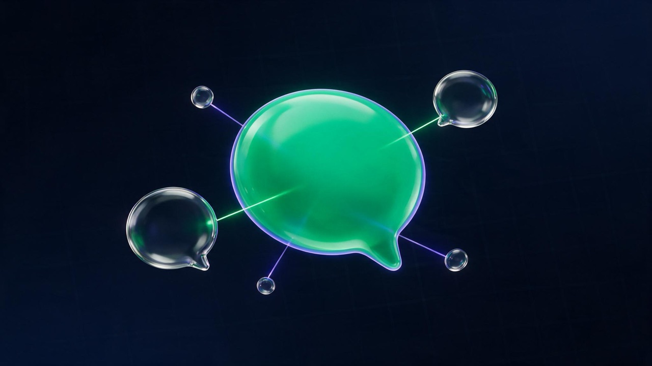 Abstract 3D illustration: a glossy green chat bubble connected to smaller glass bubbles