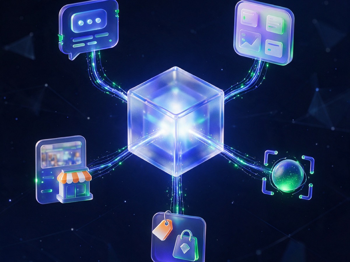 Abstract 3D illustration: a glowing product cube radiating light threads to a chat bubble, widget panel, feed card, API bracket and shopping tag