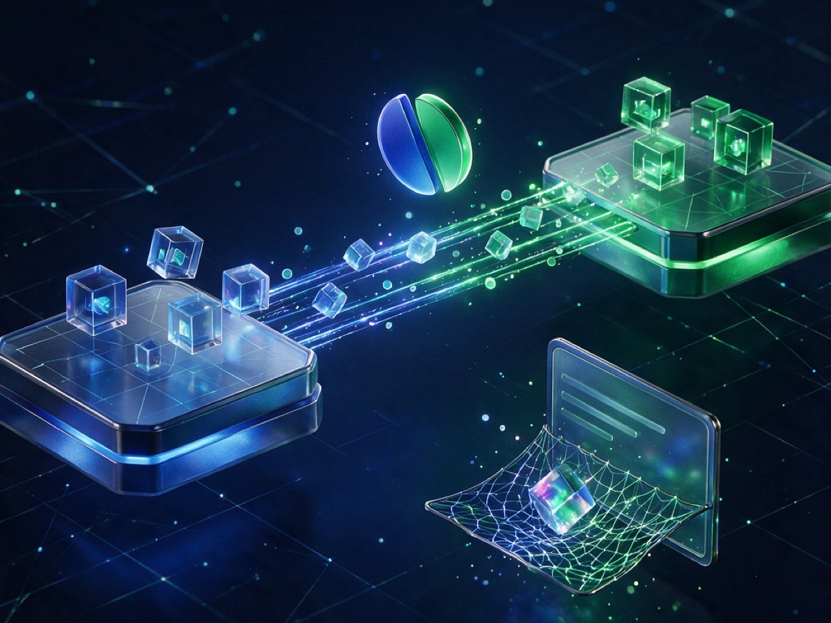 Abstract 3D illustration: two platforms exchanging product cubes across a two-way light bridge with an ownership seal above and a ledger catching a conflict cube
