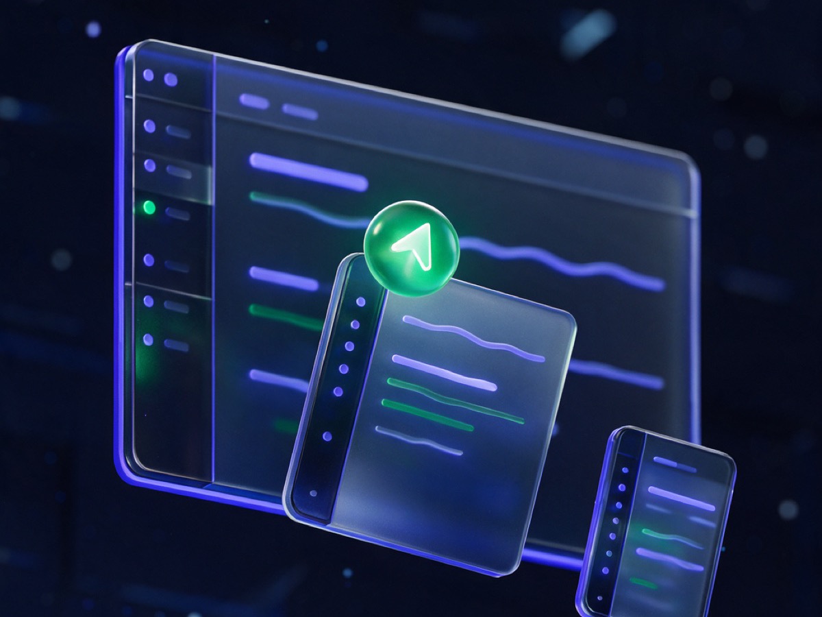 Abstract 3D illustration: a wide glass mail-client slab with a folder rail and content lines, a floating compose card with a send orb, and a small phone slab beside it