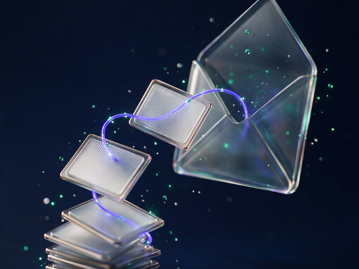 Abstract 3D illustration: a glass envelope unfolding into a linked chain of threaded message cards connected by a glowing indigo line
