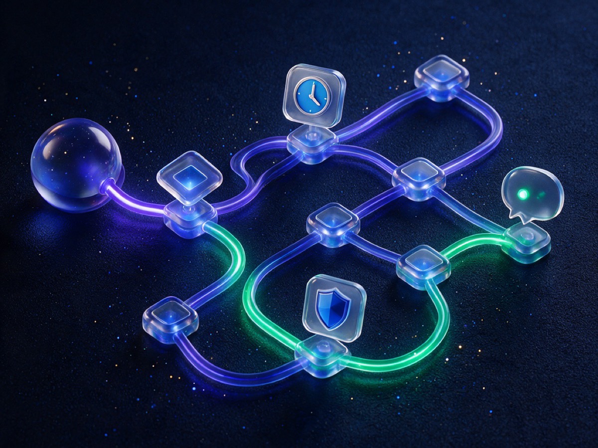 Abstract 3D illustration: a node graph of glass tiles connected by glowing curves with one active emerald path ending in a chat bubble