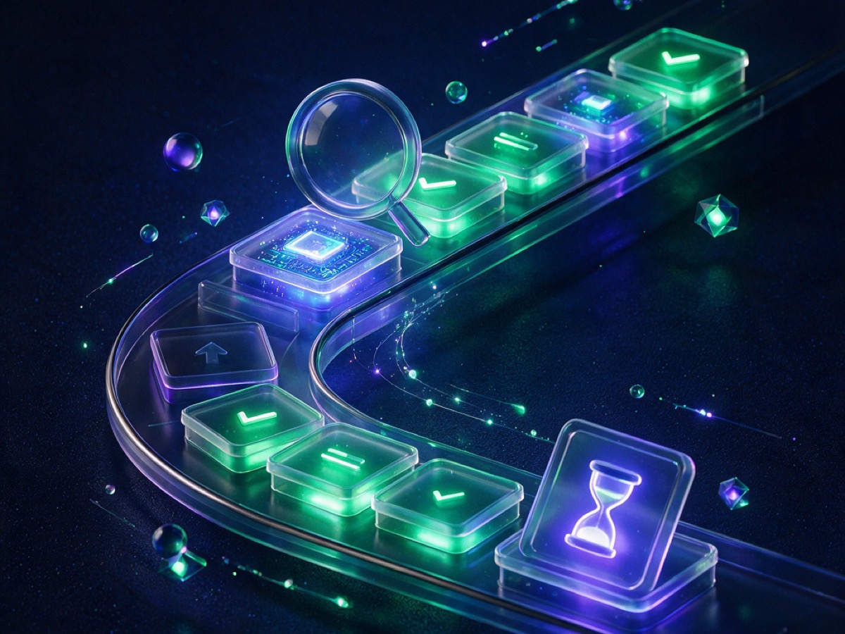 Abstract 3D illustration: a glass timeline of process steps lighting in sequence, one paused with an hourglass, a lens inspecting another step