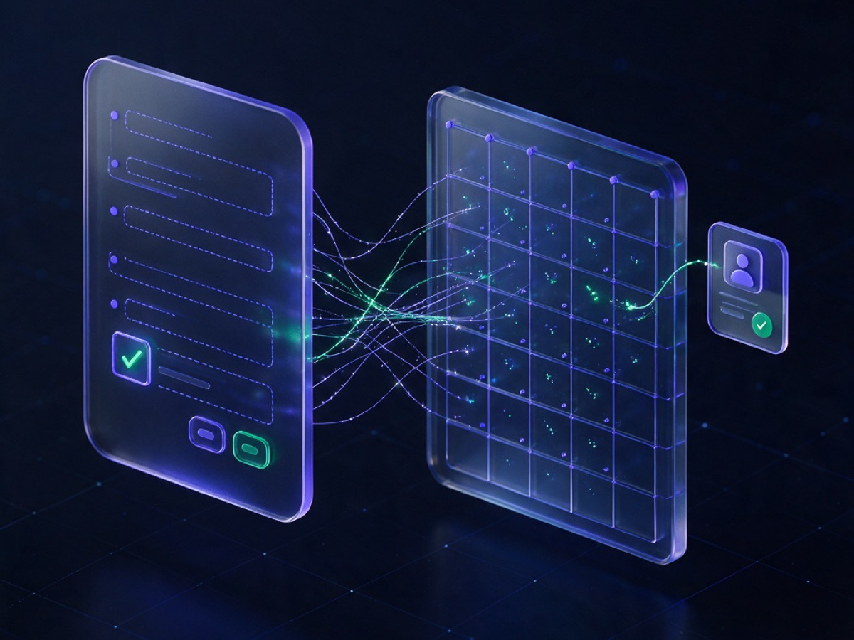 Abstract 3D illustration: a glass form panel with a glowing consent checkbox, its data flowing into a structured table with a thread linking one column to a contact card