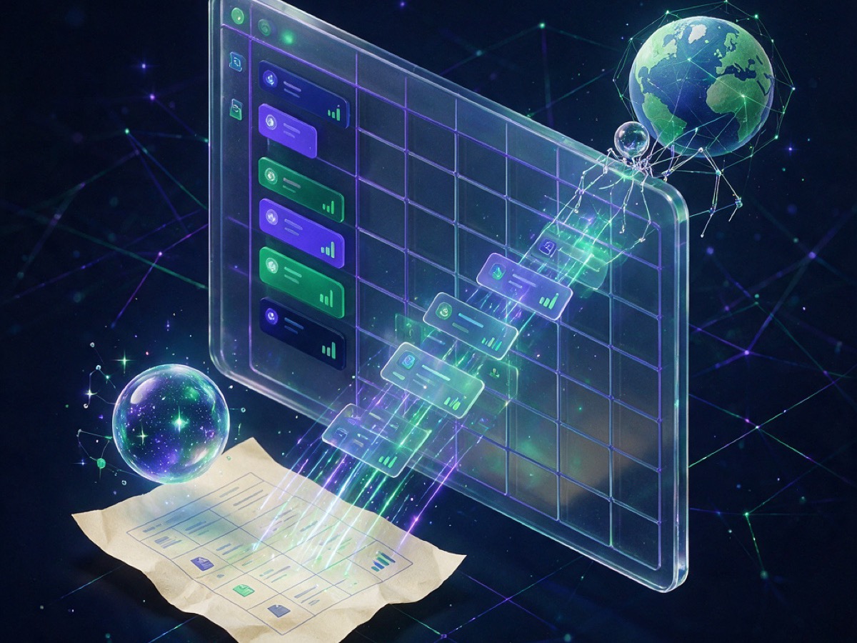 Abstract 3D illustration: a translucent data grid with kanban chips, an AI orb extracting rows from a paper sheet and a crawler thread pulling a row from a globe