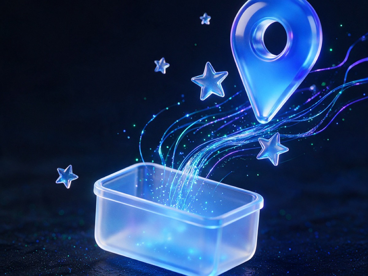 Abstract 3D illustration: a glowing blue map pin surrounded by floating glass star shapes streaming into a translucent inbox tray