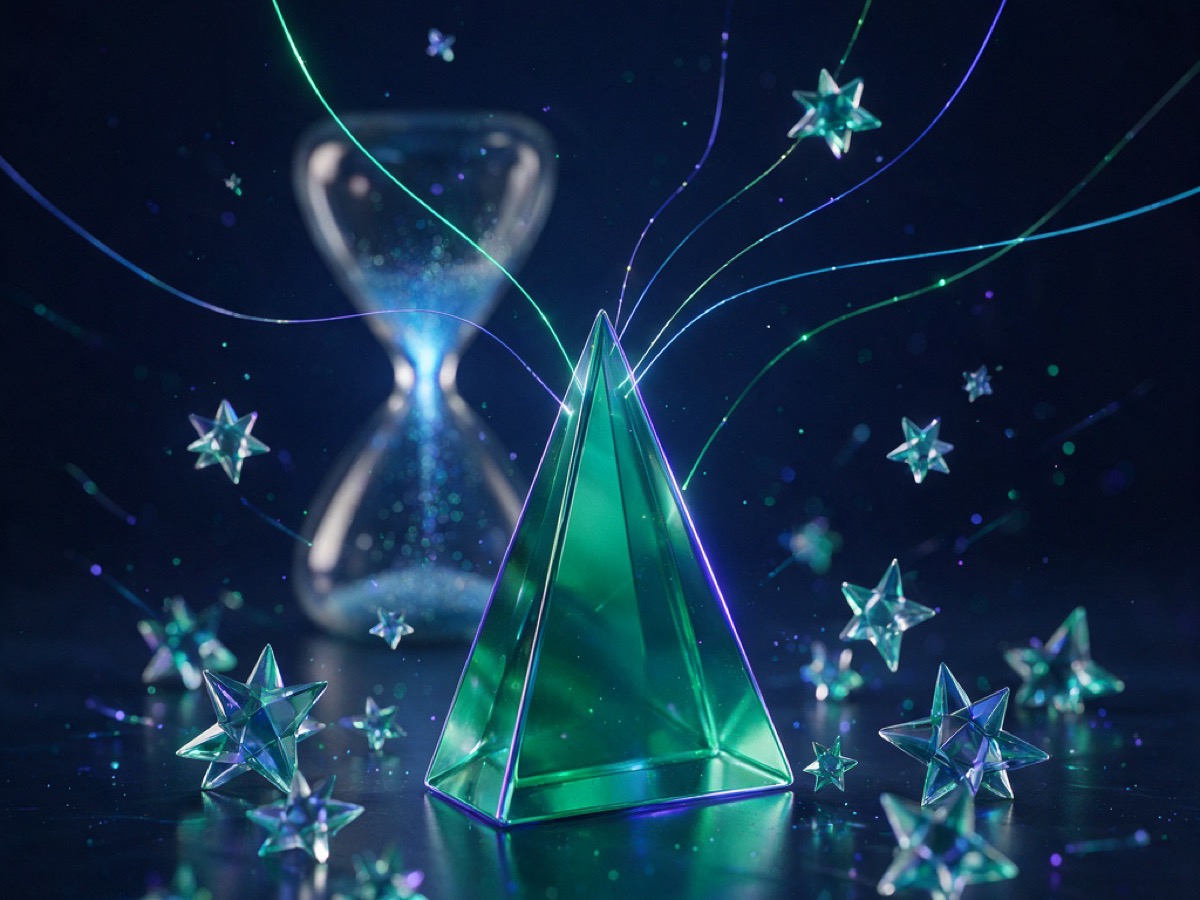 Abstract 3D illustration: a glowing green-teal triangular prism beside floating glass star shapes and diagnostic light threads on a dark background