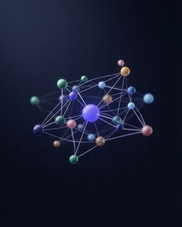 Abstract 3D illustration: colorful channel spheres wired into one bright indigo hub