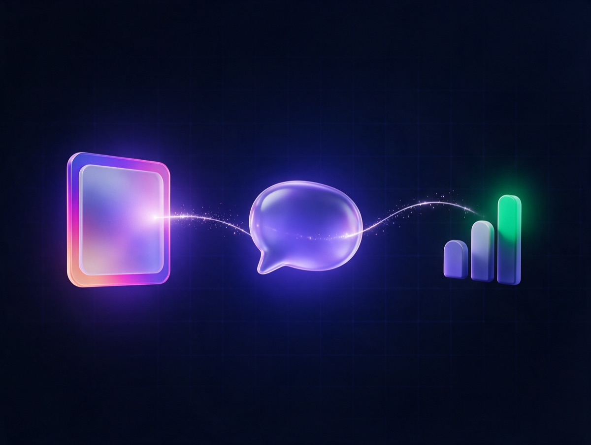 Abstract 3D illustration: an ad tile connected by a glowing thread through a chat bubble to a small rising conversion chart