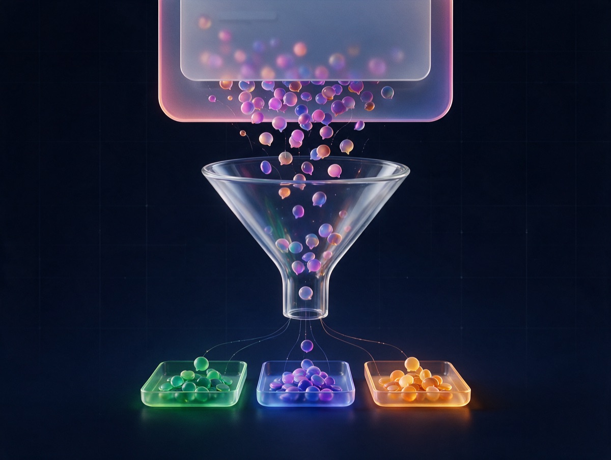 Abstract 3D illustration: comment bubbles funneling from a glass post card into an organized triage tray