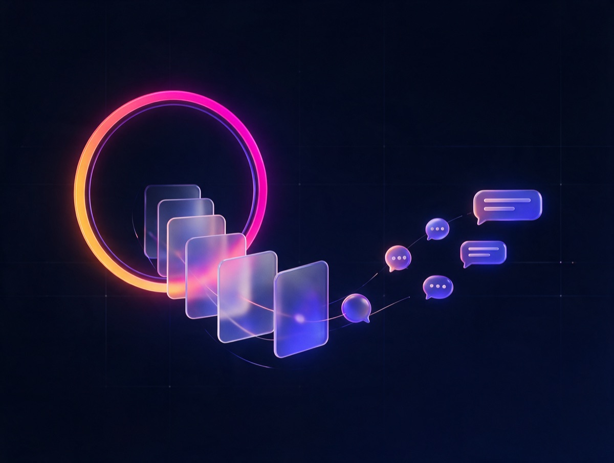 Abstract 3D illustration: a glowing gradient story ring with glass story cards flowing through it into a chat thread