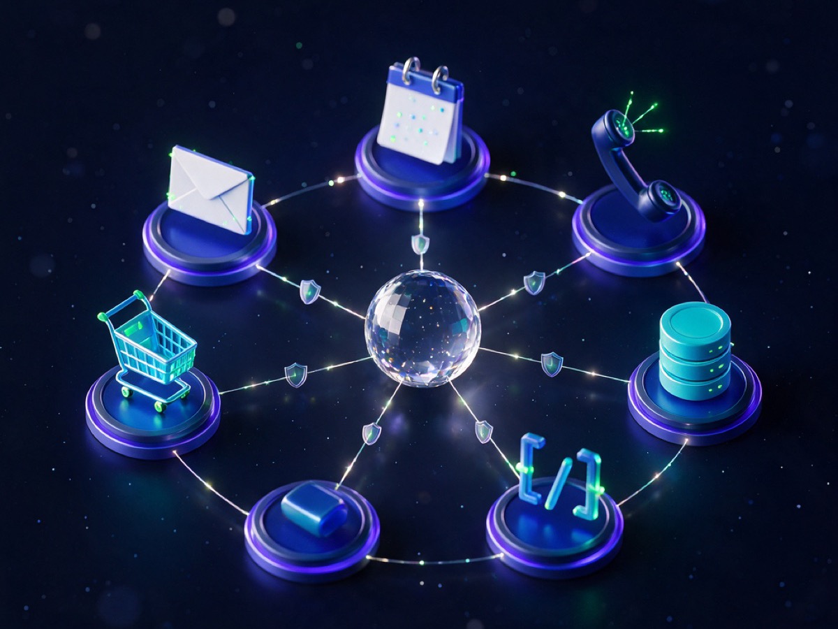 Abstract 3D illustration: glowing connectors and plugs converging on a central indigo hub