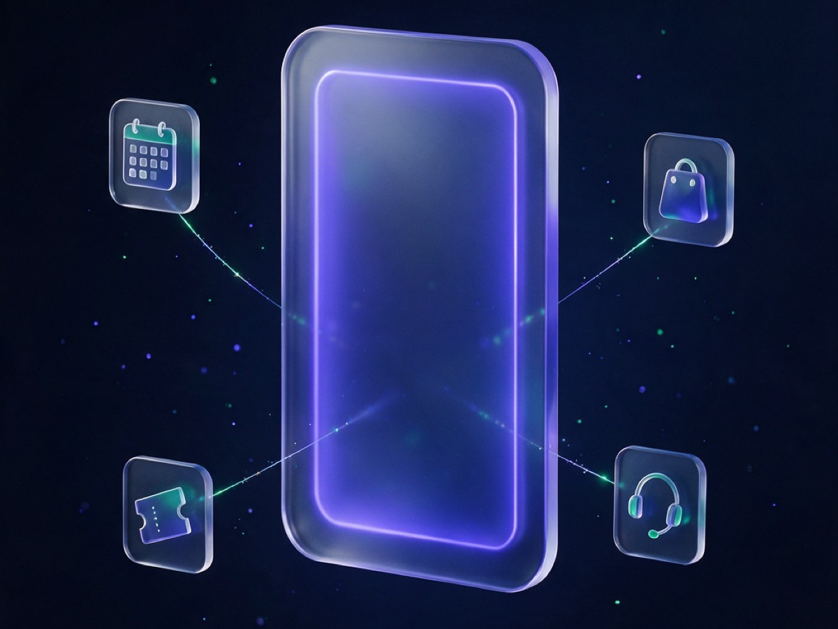 Abstract 3D illustration: a glass chat panel orbited by small app tiles — calendar, shopping bag, ticket and headset shapes — connected by light threads