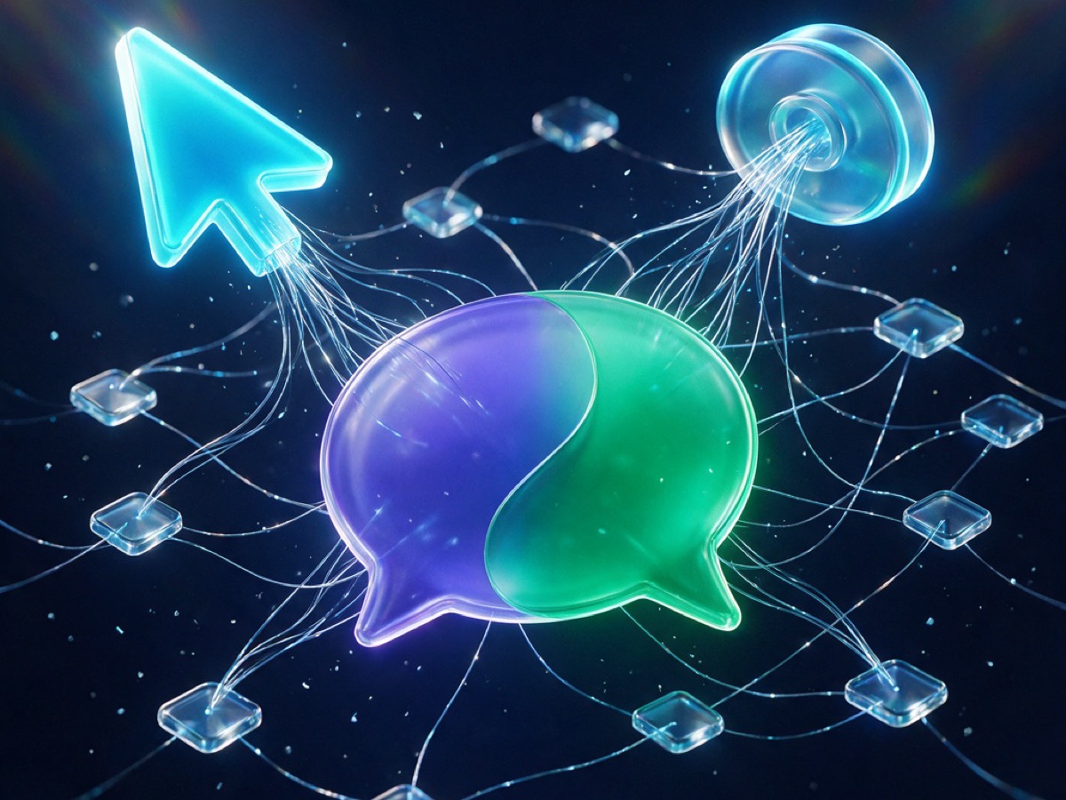Abstract 3D illustration: cursor and scroll shapes sending branching light threads through decision nodes into a chat bubble that is changing color