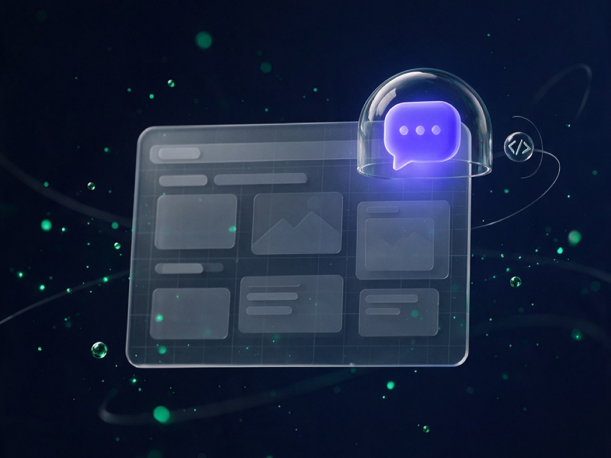 Abstract 3D illustration: a website wireframe slab with a glowing indigo chat bubble protected under a glass shield dome in its corner