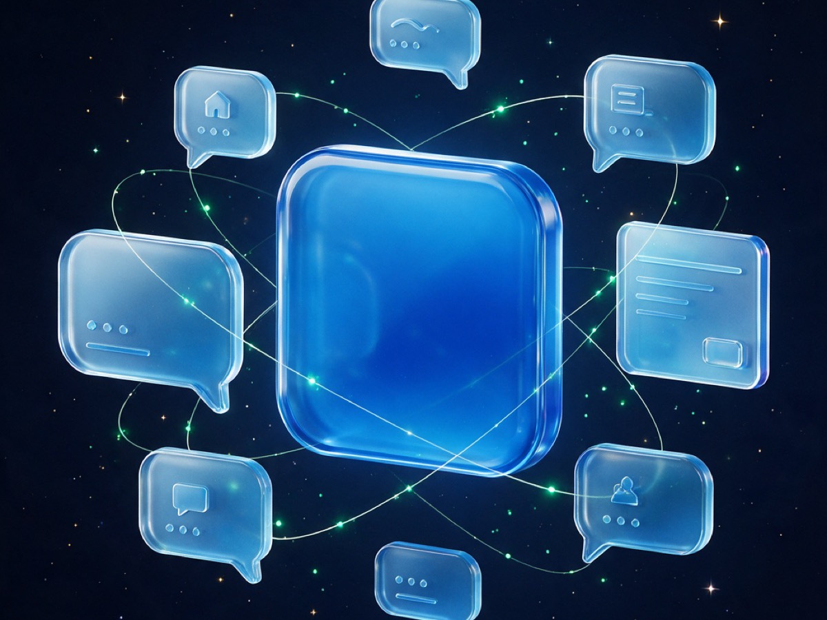 Abstract 3D illustration: a royal-blue glass tile orbited by comment bubbles with a small form card floating beside it