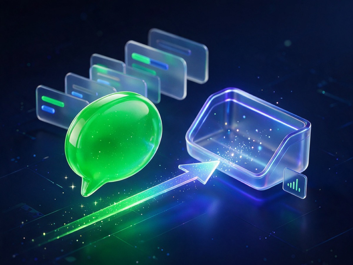 Abstract 3D illustration: a green chat bubble moving along a one-way light arrow toward an inbox tray with batched cards behind it