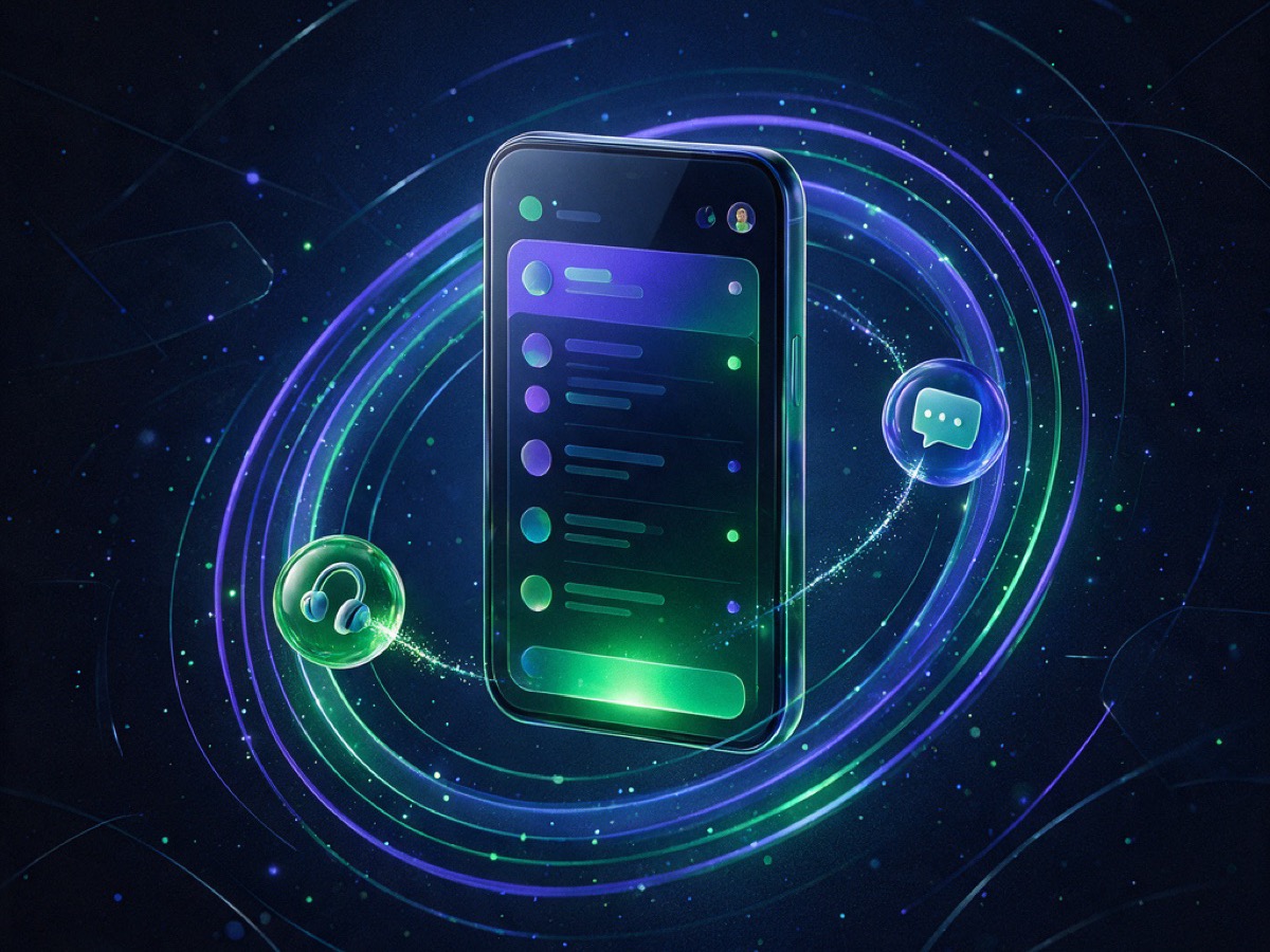 Abstract 3D illustration: a glass smartphone with a glowing inbox list and a pulsing incoming-call ring, a headset orb and comment bubble orbiting