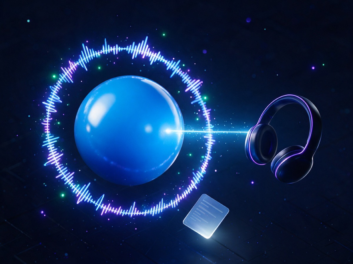 Abstract 3D illustration: a glowing messenger-blue call orb with a waveform ring, connected to a headset shape and a small transcript card
