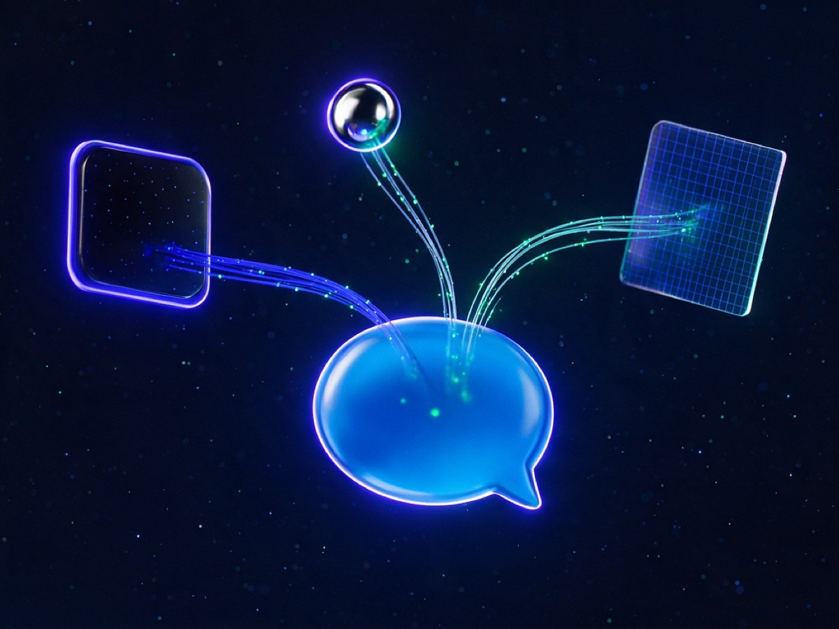 Abstract 3D illustration: an ad tile, a link orb and a form panel funneling glowing threads into one messenger-blue chat bubble