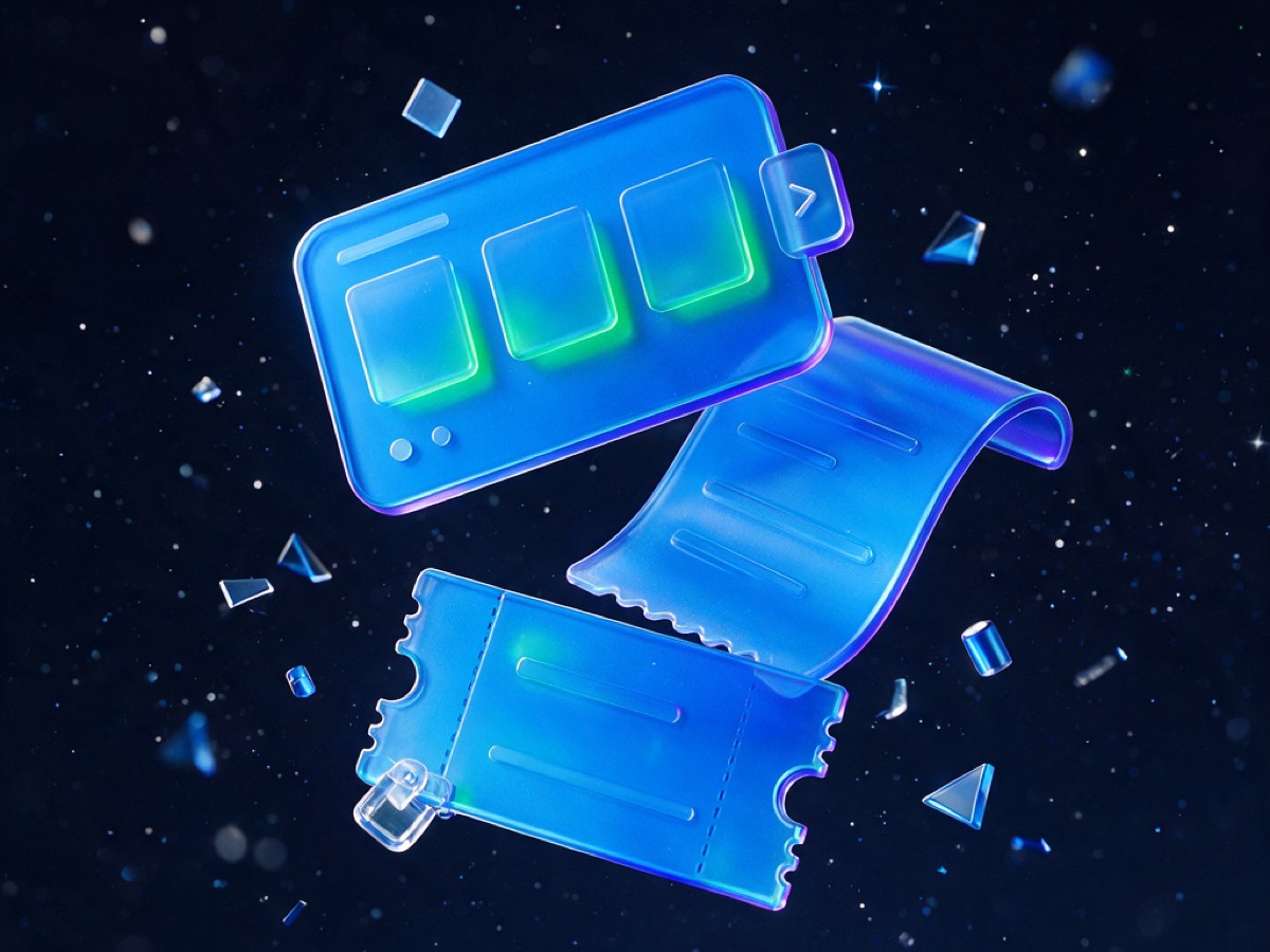 Abstract 3D illustration: a fan of glass message cards — a carousel, a receipt slip and a coupon — glowing in messenger blue