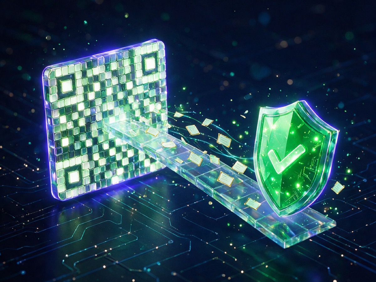 Abstract 3D illustration: an abstract mosaic tile beaming a stream of message cards across a glass bridge toward an emerald shield