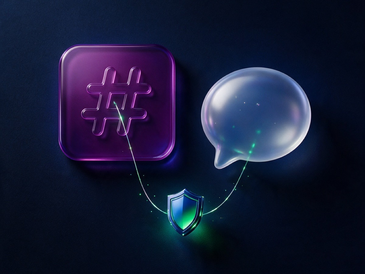 Abstract 3D illustration: a purple hash-symbol tile and a chat bubble connected through a glowing shield checkpoint