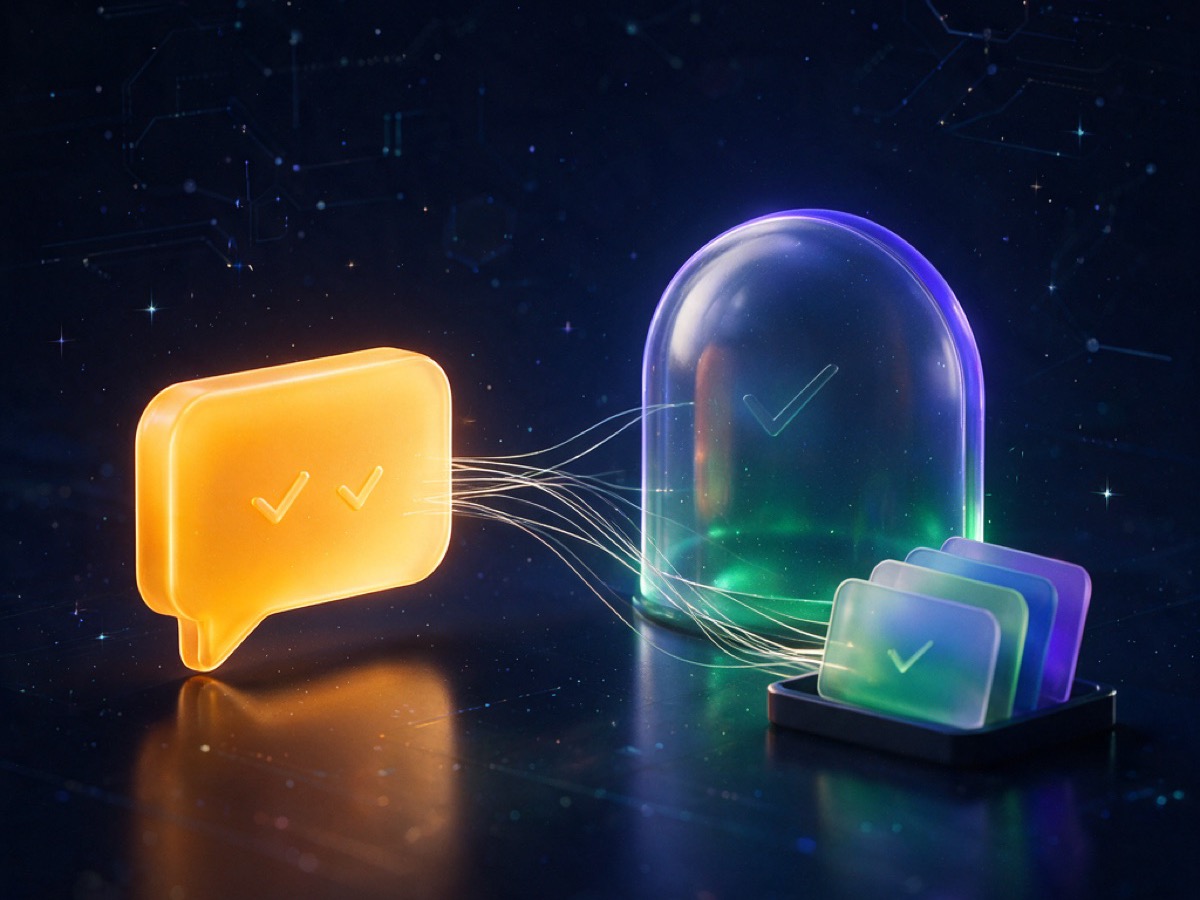 Abstract 3D illustration: an amber message bubble with delivery ticks beside a glass shield, connected by light threads to a tray of queued message cards