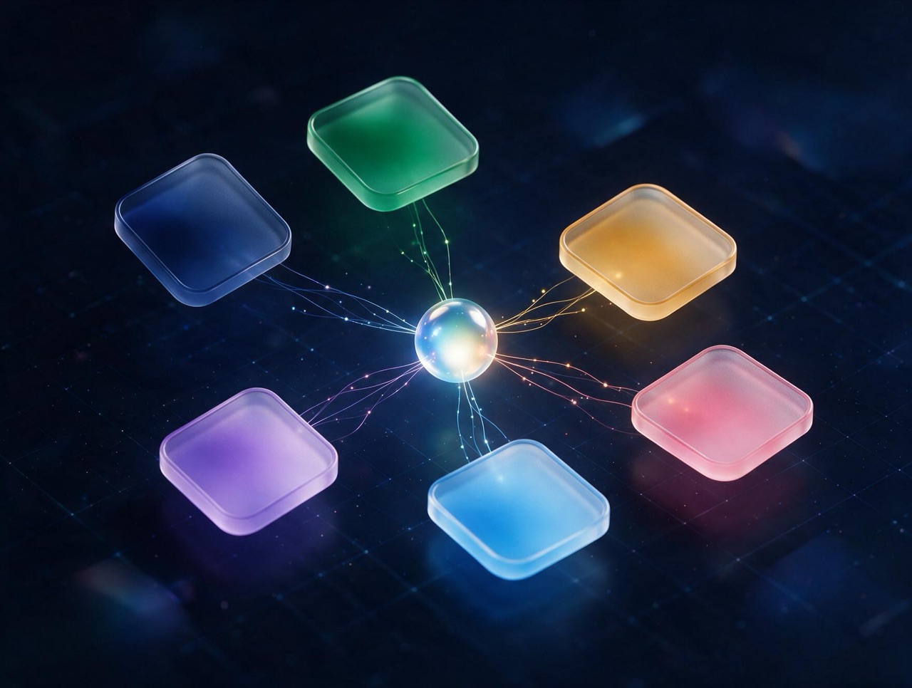 Abstract 3D illustration: six tinted glass tiles connected by light threads to one bright hub sphere