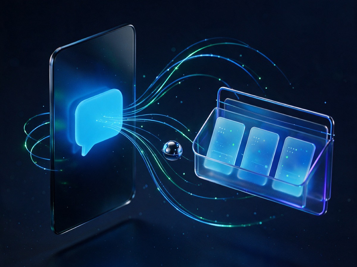 Abstract 3D illustration: a dark phone-shaped glass slab with a glowing sky-blue chat bubble, light threads flowing into a floating inbox tray with an orbiting assistant sphere