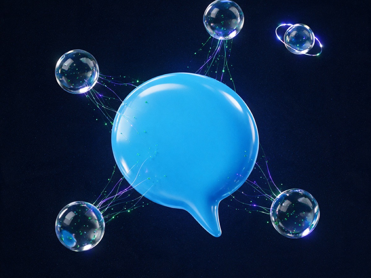 Abstract 3D illustration: a large sky-blue chat bubble surrounded by smaller glass orbs, one orb protected inside its own glowing ring