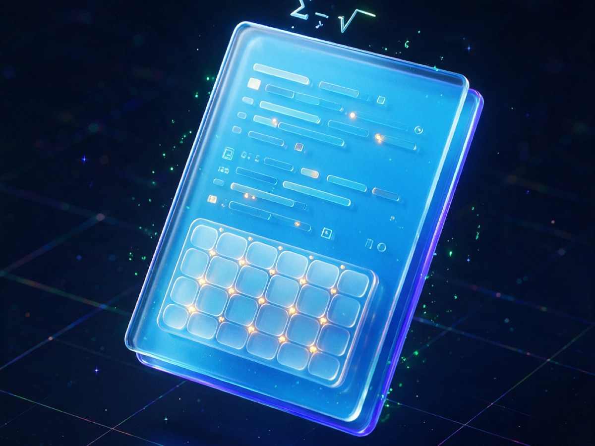 Abstract 3D illustration: a translucent glass document card with an embossed table grid, code-like bars and floating mathematical symbols in sky blue