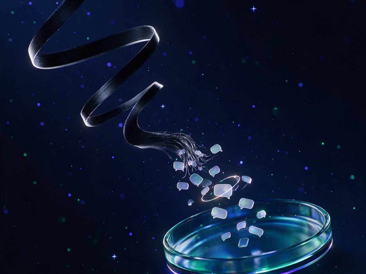 Abstract 3D illustration: a glossy black thread ribbon unwinding into translucent comment bubbles drifting toward a glass tray