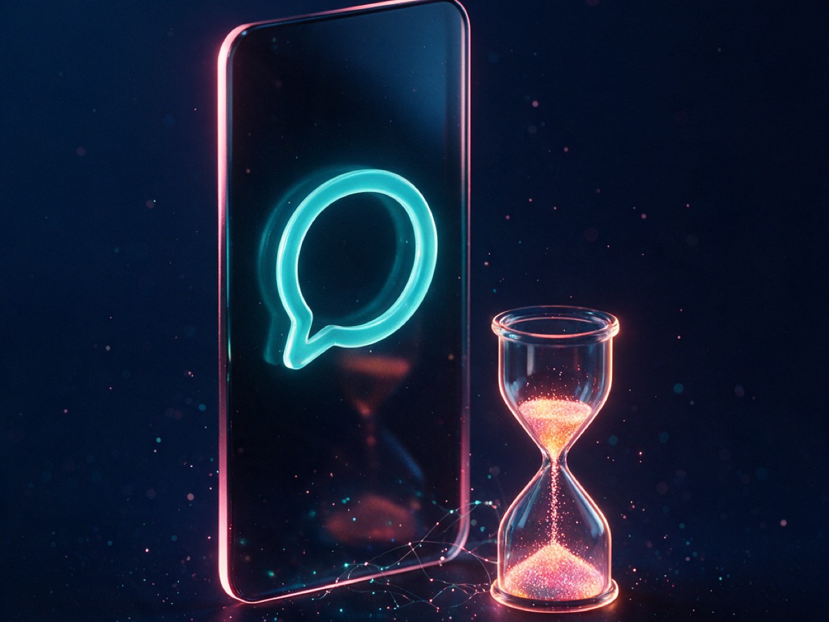 Abstract 3D illustration: a dark vertical phone slab with a teal comment bubble and pink rim light beside a glowing hourglass