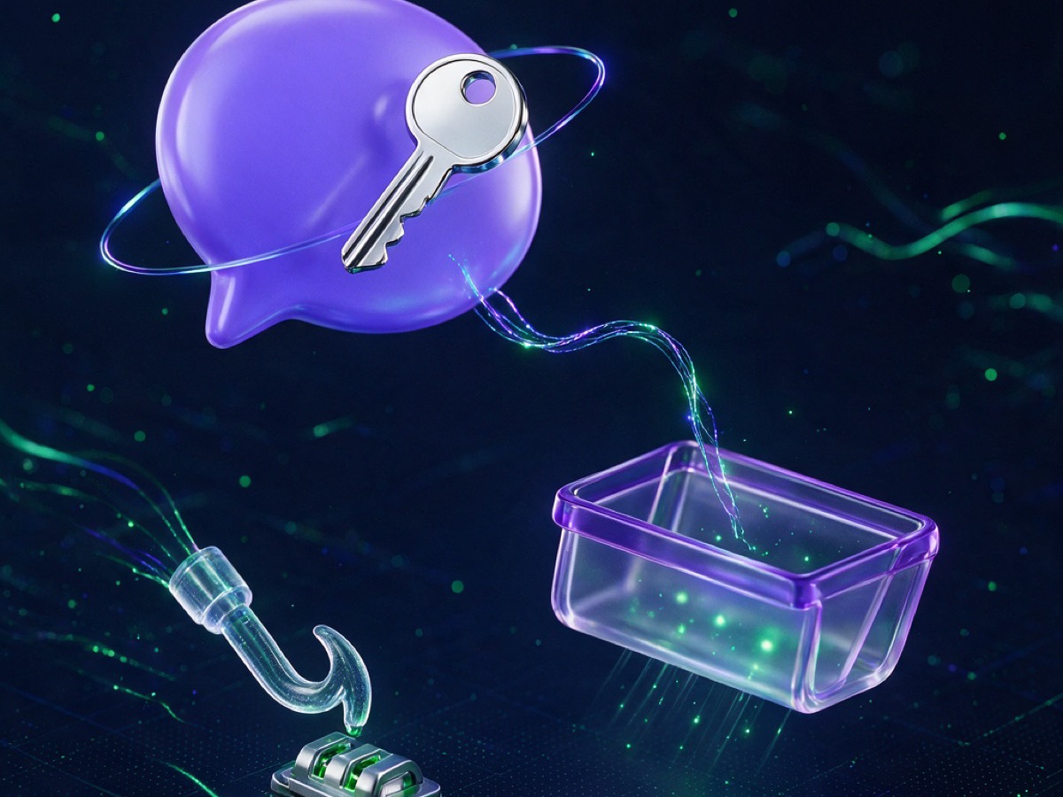 Abstract 3D illustration: a violet chat bubble with an orbiting key and a webhook hook attaching itself to a socket