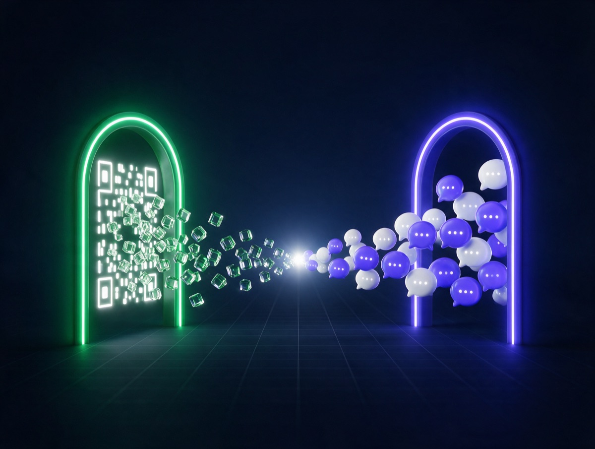 Abstract 3D illustration: a green QR-code doorway and an indigo doorway of chat bubbles, both streams merging toward one bright point