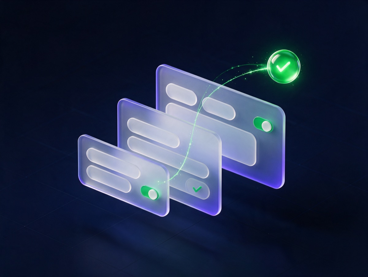 Abstract 3D illustration: three frosted-glass form panels linked by a green thread ending in a checkmark orb
