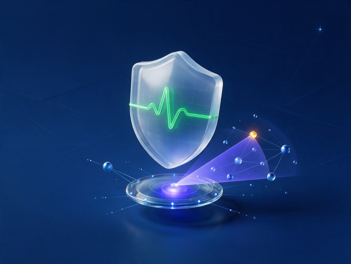 Abstract 3D illustration: a glass shield with a green heartbeat line above a radar disc sweeping over small nodes, one highlighted amber