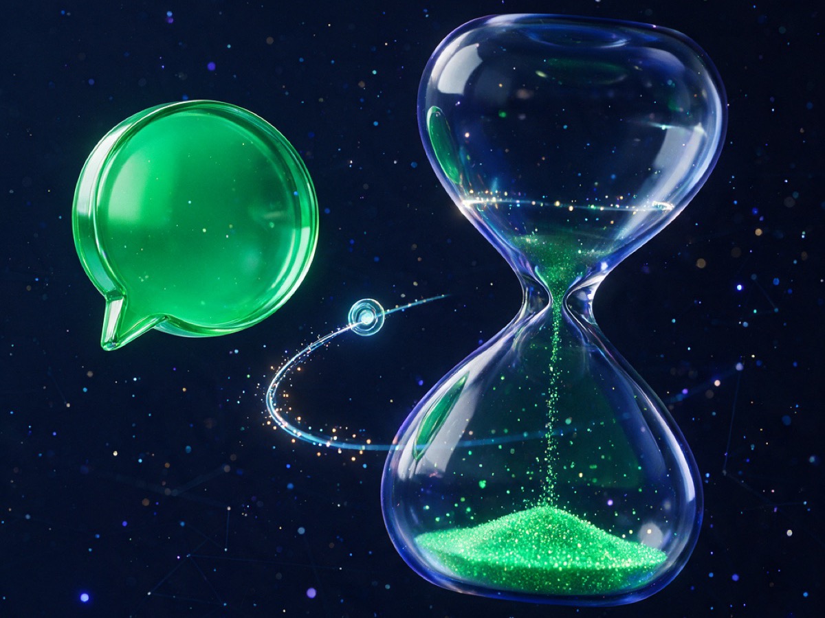 Abstract 3D illustration: a jade chat bubble beside an hourglass with a countdown ring and a self-renewing token orbiting between them