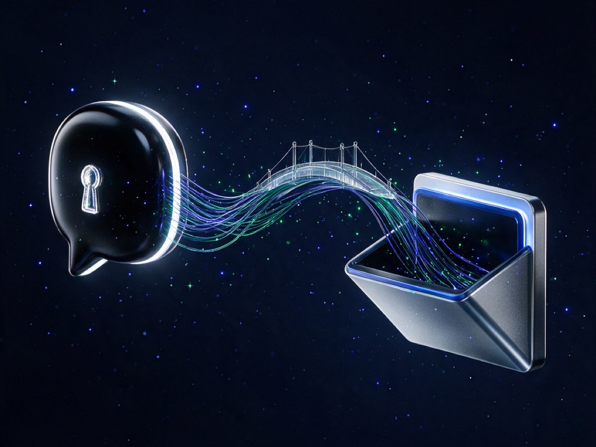 Abstract 3D illustration: an obsidian-black chat bubble with a glowing keyhole, connected across a glass bridge to an inbox tray