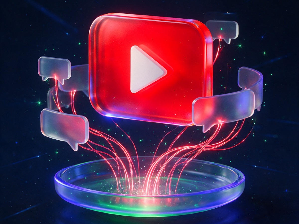 Abstract 3D illustration: a glowing red rounded play-button slab with translucent comment bubbles orbiting it and threads flowing into a glass tray