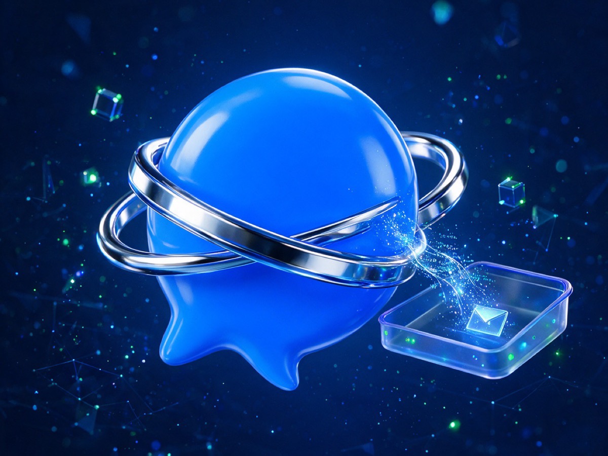 Abstract 3D illustration: a blue chat bubble with two interlocking rotating rings suggesting rotating credentials